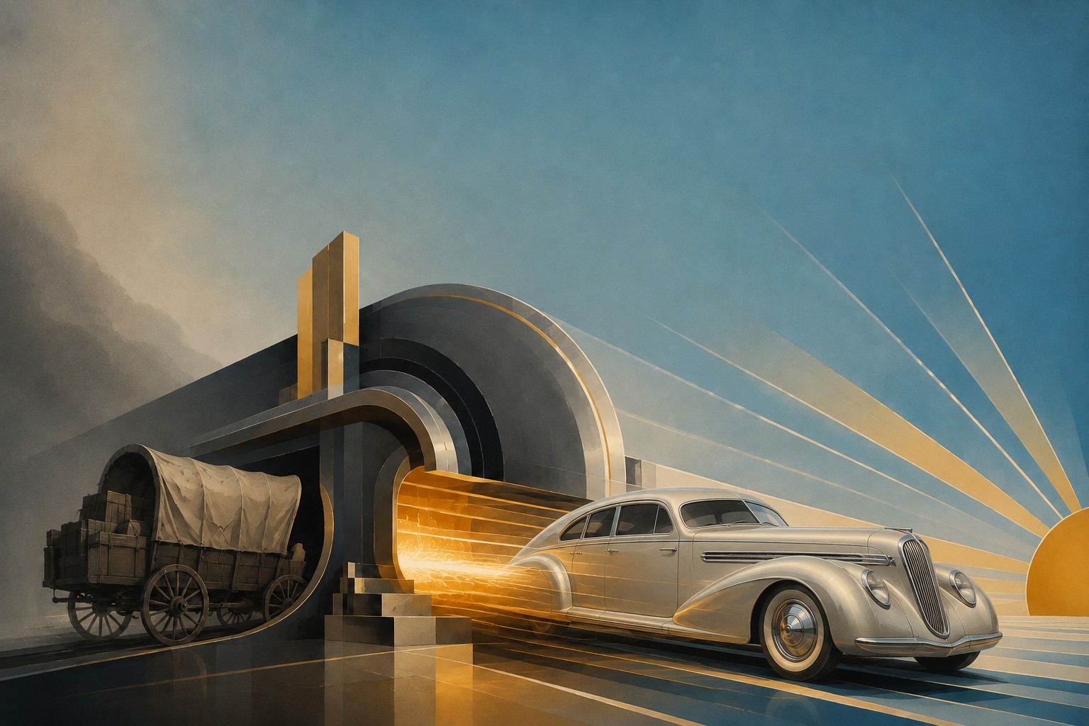 An Art Deco poster: a burdened covered wagon entering a streamlined forge on the left, and a gleaming 1934 Hupmobile Aerodynamic emerging into blue sky on the right — the past transformed into the timelessly modern.